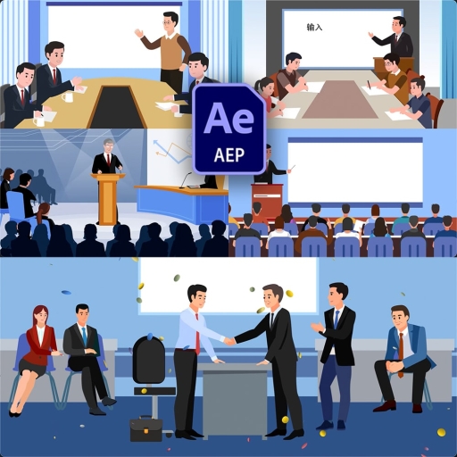 AE模板-扁平化多个人物办公室讨论工作会议开会演讲握手上课工作报告党政场景MG动画